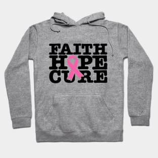 Faith Hope Cure Pink Ribbon - Breast Cancer Support  - Survivor - Awareness Black Font Hoodie